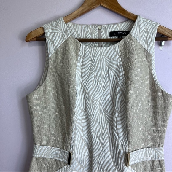 ELLEN TRACY Gold Accent Champagne Ivory Brocade Sheath Dress Size 8 - Picture 4 of 14